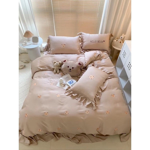 Bộ Tencel Gấu teddy , Tencel120s óng mượt ( Tặng kèm gối gấu bear trang trí )