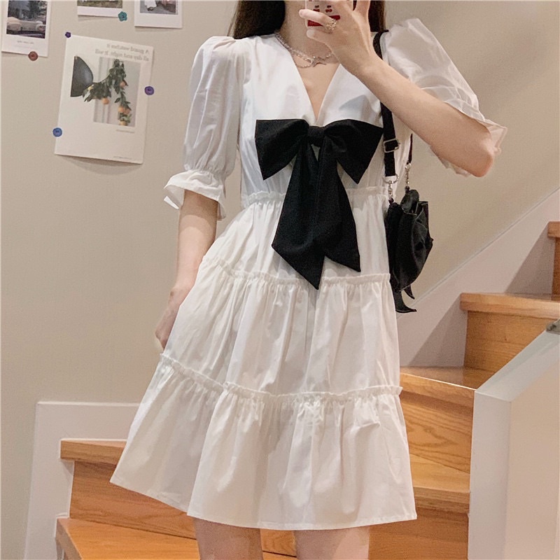 Đầm babydoll đính nơ ❤️váy xoè xếp tầng cổ v ❤ ulzzang chất thô mềm