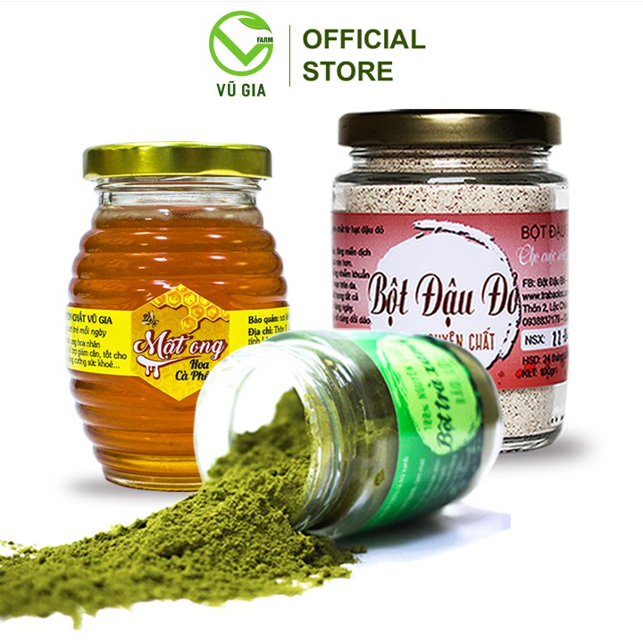 Combo Bột Trà Xanh + Bột Đậu Đỏ + Mật Ong Hoa Cà Phê - Nguyên Chất VG Farm (100gr/hũ) - Đắp mặt nạ dưỡng da