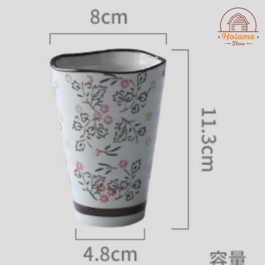 (Hàng có sẵn) Cốc sứ, set 5 cốc sứ 300ml – họa tiết hoa lá - phong cách Nhật Bản