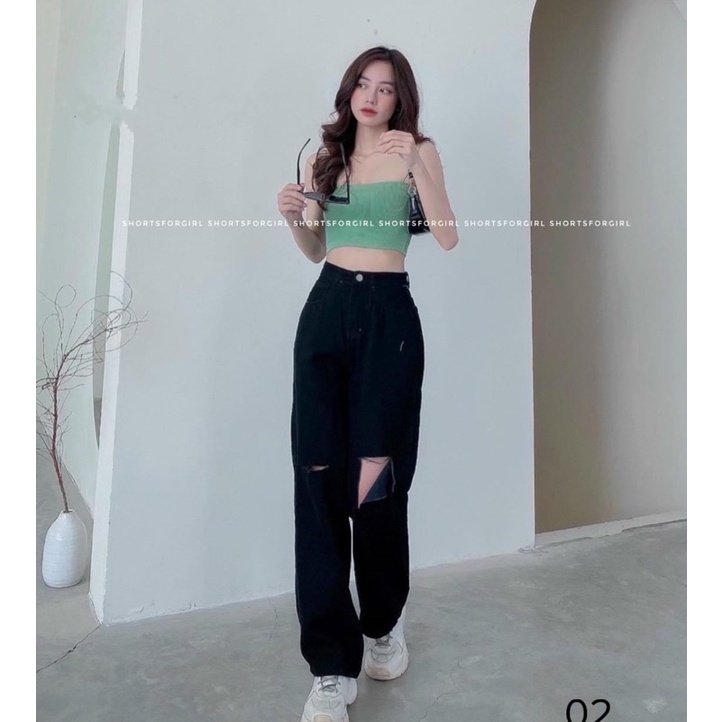 Quần jean nữ ống xuông màu đen rách sọc siêu đẹp thời trang H.N.M STORE