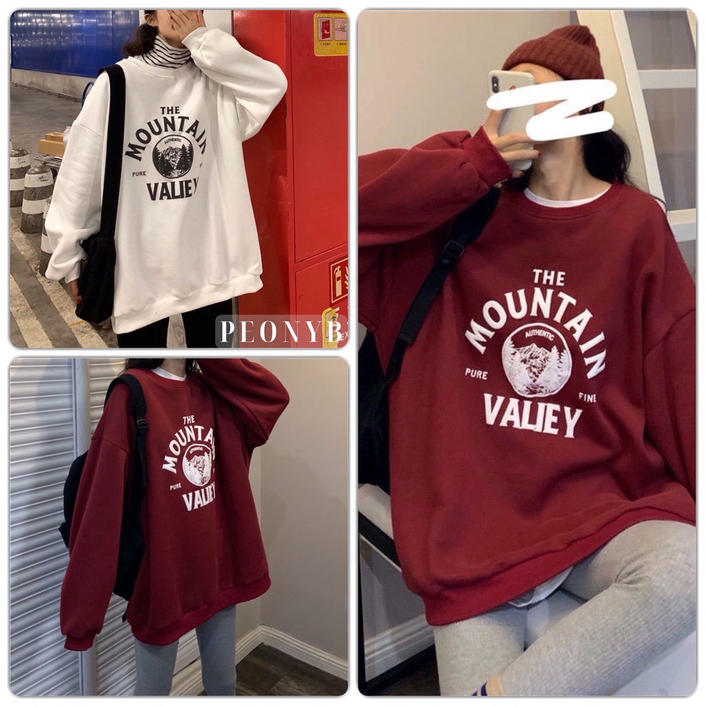 Áo Sweater Mountain PEONYB Unisex  Nỉ form rộng tay bồng in hình valiey kiểu dáng vintage đường phố hàn quốc