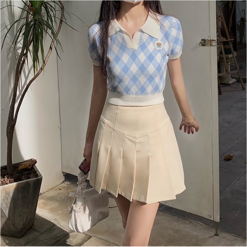 Áo croptop SUXI dệt kim cổ chữ V tay ngắn họa tiết sọc caro thời trang mùa hè cho nữ | BigBuy360 - bigbuy360.vn