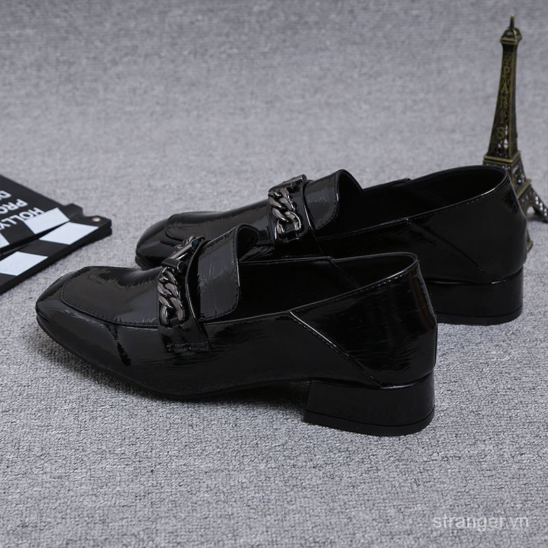 Giày Lười Da Bóng Gót Vừa Mũi Vuông Phong Cách Anh Quốc Thời Trang Mùa Hè 2021 Cho Nữ