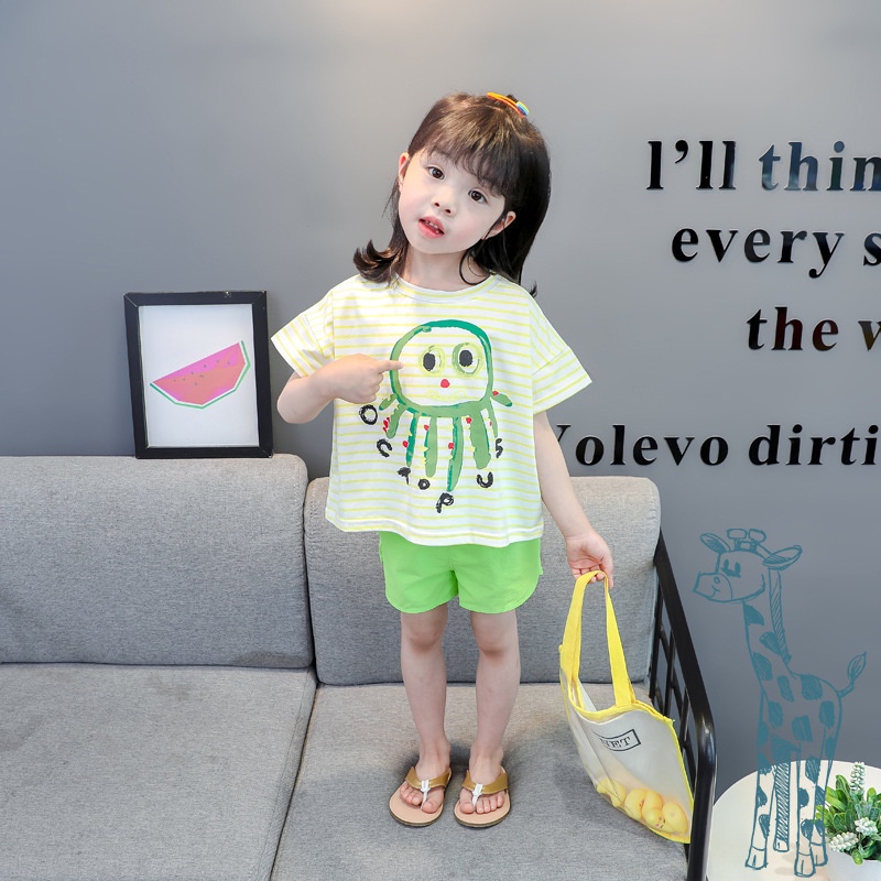 [P.C store] spot girl T-shirt shorts red suit green suit summer 1 children's short sleeves 2 sets girl's 3 Shorts 2 pieces baby 4 clothes set Korean fashion