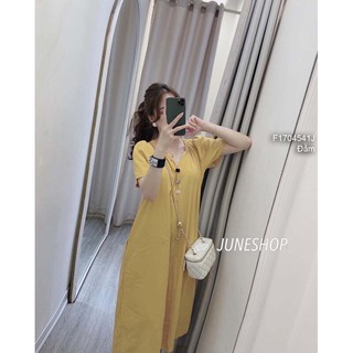 Đầm maxi đũi vàng dáng suông cổ tim phối nút tay ngắn!