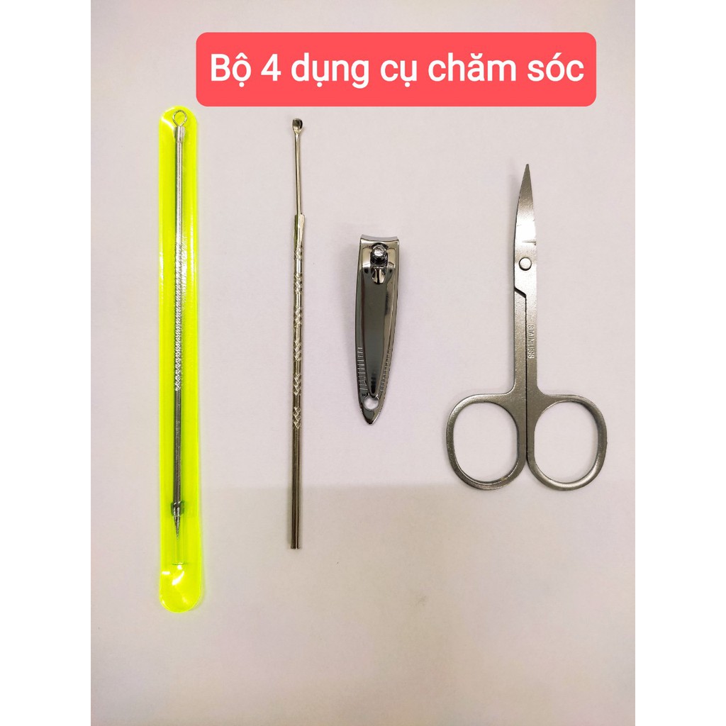 Bộ 4 dụng cụ chăm sóc da (cây nặn mụn, bấm móng, kéo tỉa lông mày, ráy tai)