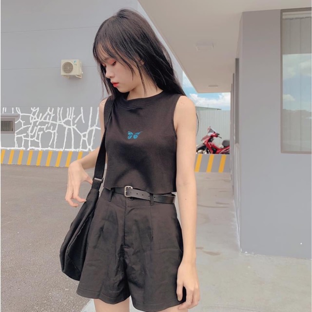 Áo Croptop thêu bướm Boin store, áo croptop nữ bo zip cao cấp 3 màu trắng/đen/hồng _ hình thật