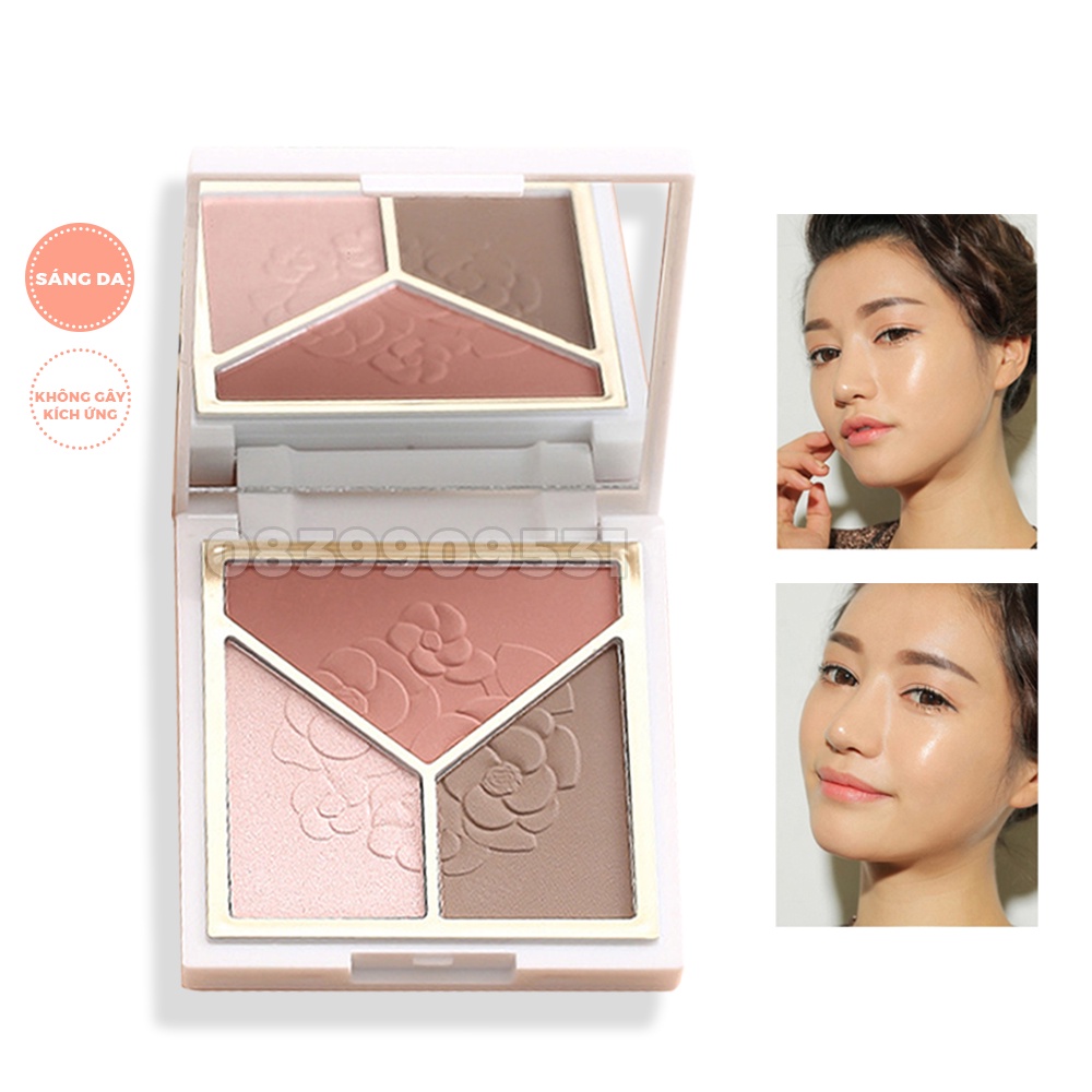 Phấn bắt sáng highlight, tạo khối, má hồng 3 màu Lameila kèm cọ trang điểm xinh ZENTOP