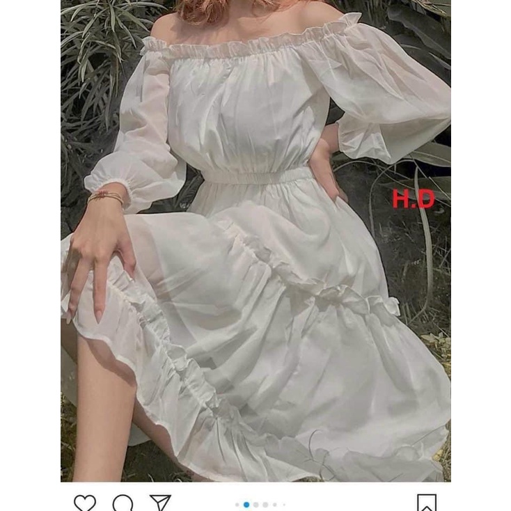 Váy đầm nữ trễ vai công chúa tay bồng chất voan 2 lớp dáng dài tiều thư phong cách hàn quốc,TONGKHOQUANAONU