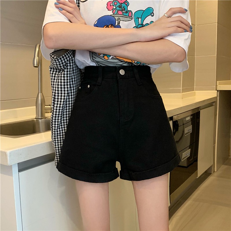  Xiaozhainv Quần Short Denim Nữ Lưng Cao Ống Rộng Phong Cách Hàn Quốc