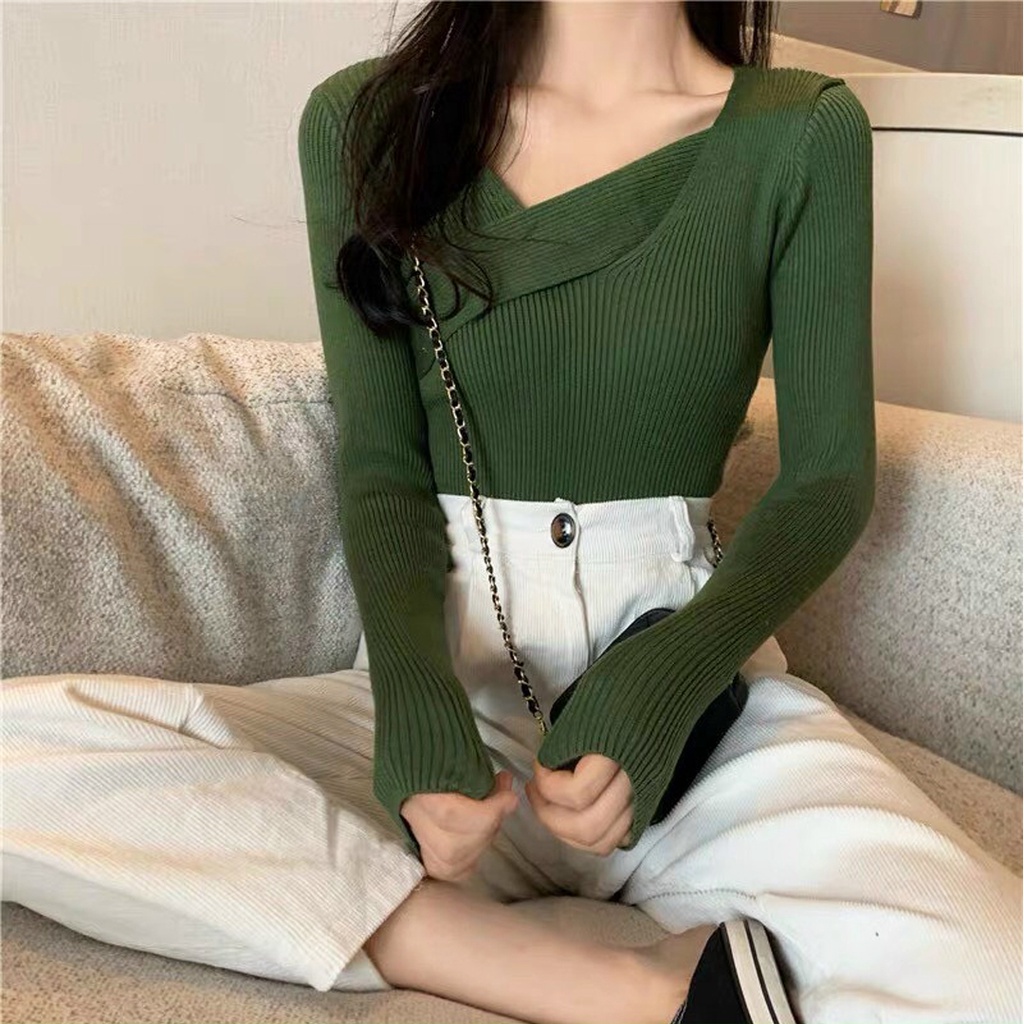 Áo len tăm dài tay cổ phối viền chéo cách điệu Ulzzang (hàng QC) - Ảnh thật