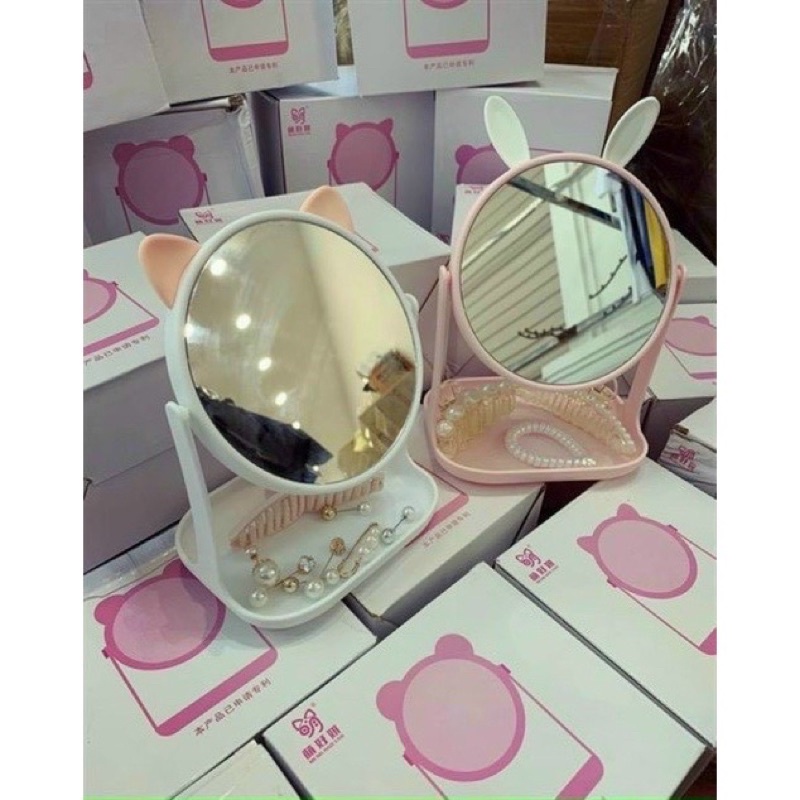 Gương trang điểm để bàn tai thỏ tai mèo đáng yêu xoay 360 độ - Gương soi tai thỏ mèo có khay để trang sức