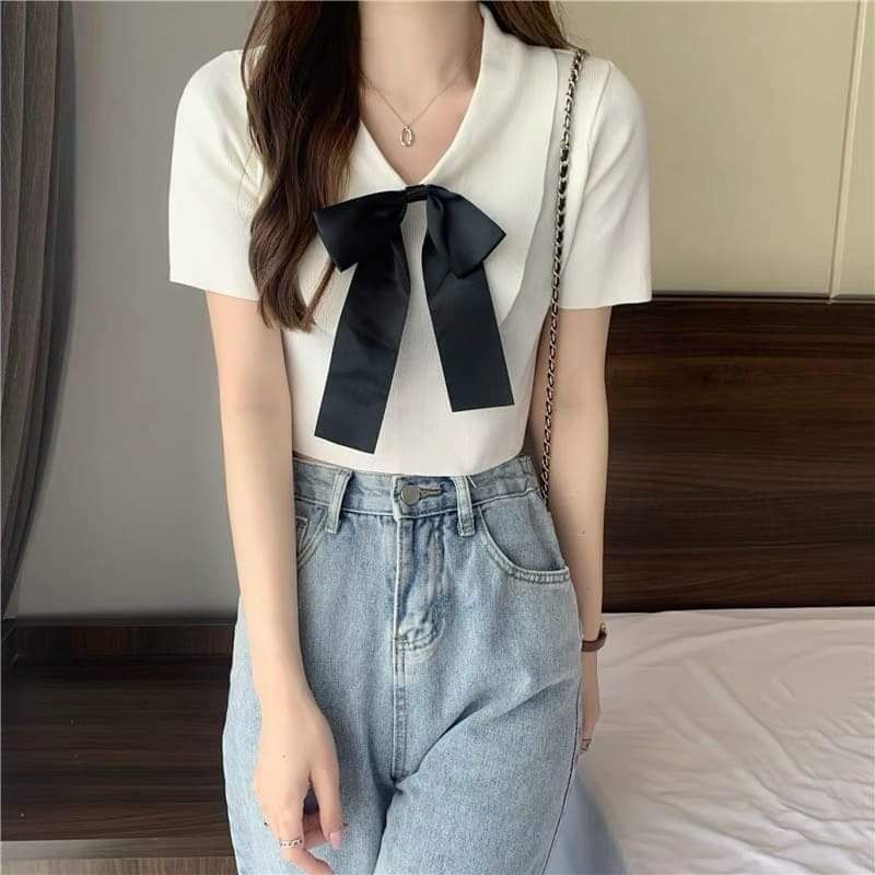 Áo len trơn ngắn tay đính nơ hàng QC
