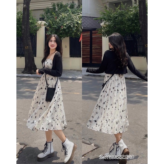 Váy 2 Dây Hoa Nhí Dáng Dài Kèm Áo Cardigan Ngắn AS02