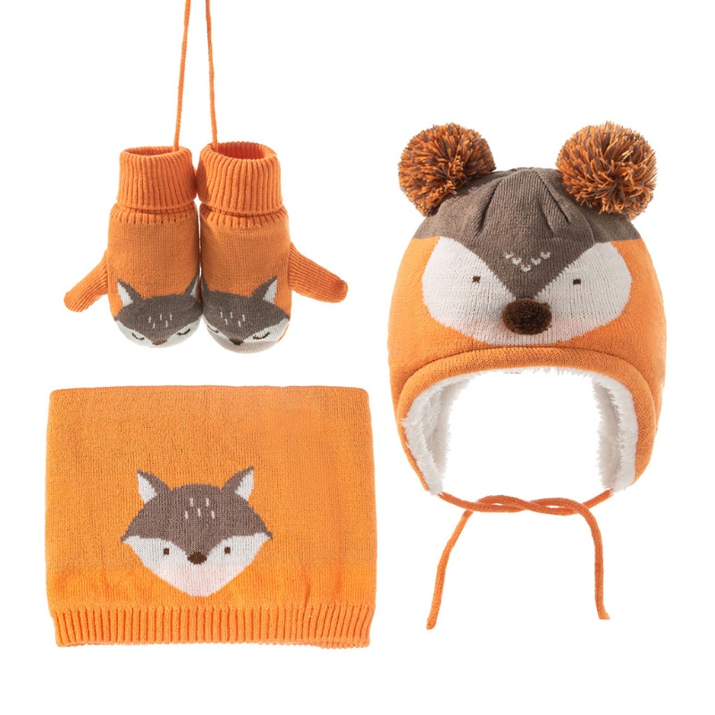 Set 3 Món Mũ Len + Găng Tay + Khăn Choàng + Găng Tay + Mũ Dệt Kim Giữ Ấm Mùa Đông Họa Tiết Hoạt Hình Cho Bé