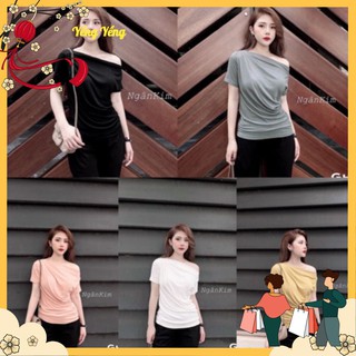 Áo thun nữ chéo vai thun lạnh ngắn tay