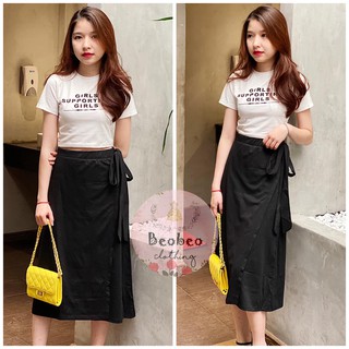[Ảnh thật] Set áo thun croptop kèm chân váy midi đen xẻ thắt nơ vintage