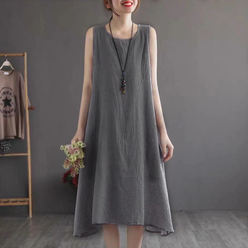 Đầm Dài Không Tay Chất Liệu Cotton Lanh Dáng Rộng Thời Trang Mùa Hè Dành Cho Nữ