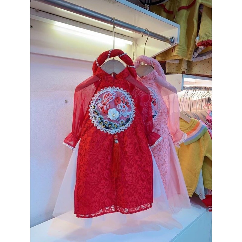 áo dài cách tân ren tứ thân cho bé gái 8-23kg