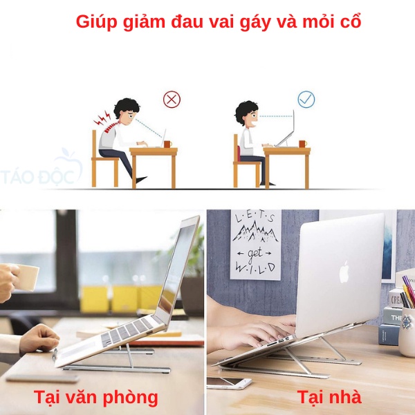 Giá đỡ laptop nhôm có thể gấp gọn điều chỉnh độ cao, Đế tản nhiệt laptop macbook 13 - 17 inch