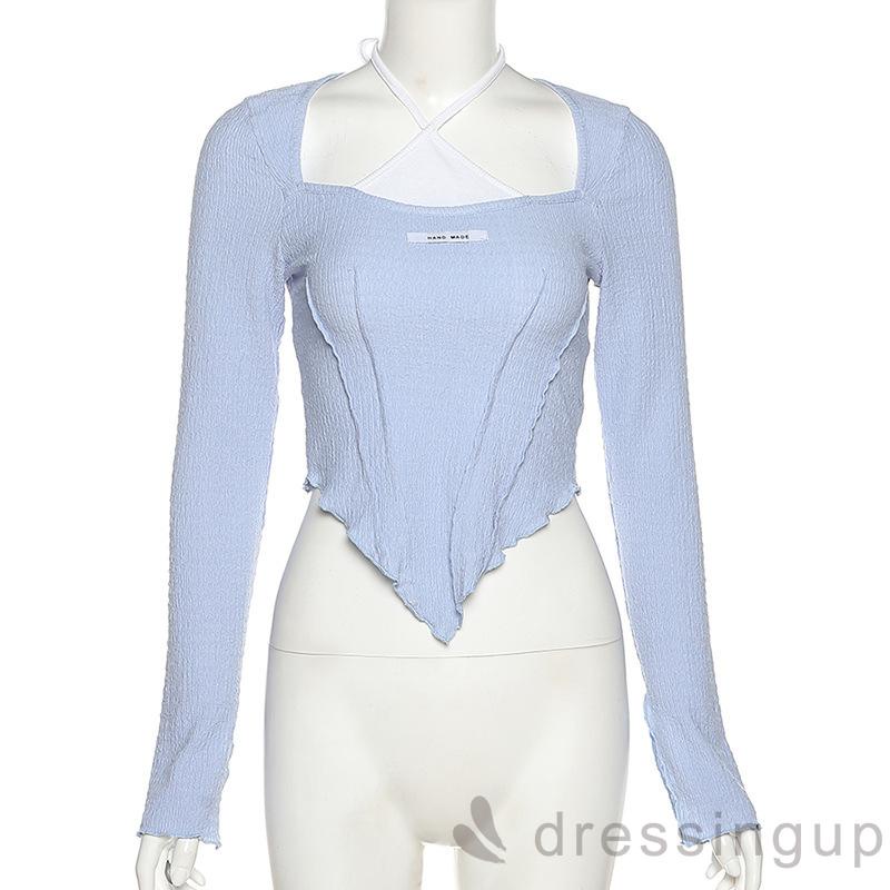 DRESSINGUP-Áo tay dài giả hai lớp phối màu trẻ trung sành điệu cho nữ