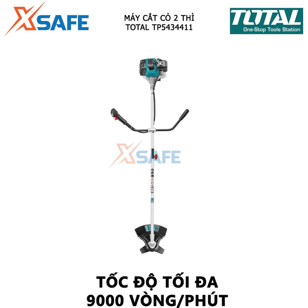 Máy cắt cỏ 2 thì TOTAL TP5434411 dùng xăng pha nhớt, tốc độ tối đa 9000 vòng/phút Đường cắt tối đa 420mm - Chính hãng