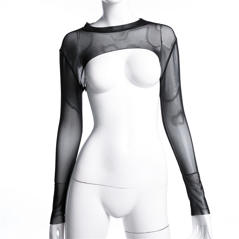 Áo croptop hở ngực ren lưới body đen dài tay hip hop sexy Châu Âu