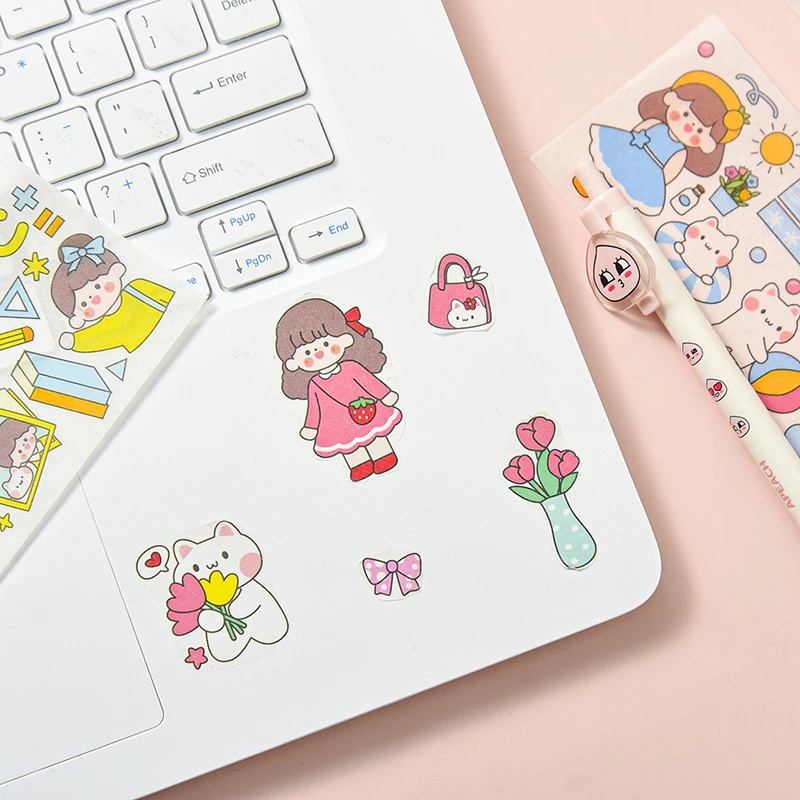 Set 1/3 cuộn băng keo giấy họa tiết hoạt hình dễ thương trang trí sổ tay