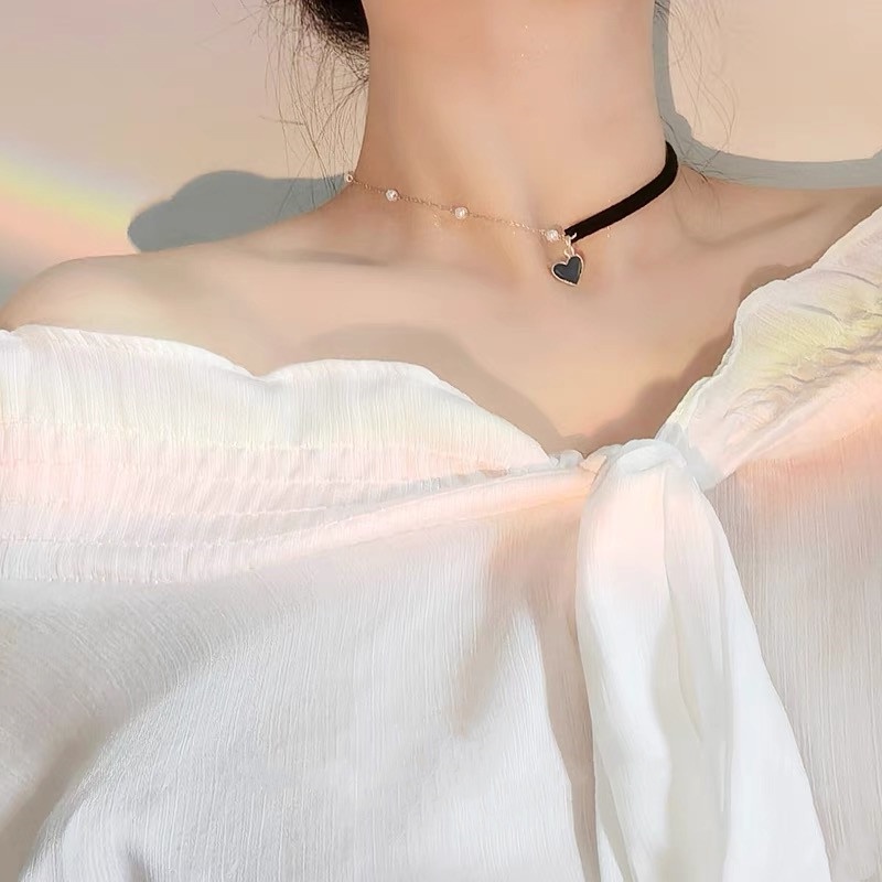 Choker Dây chuyền mặt hình trái tim đính ngọc trai thời trang phong cách Hàn Quốc