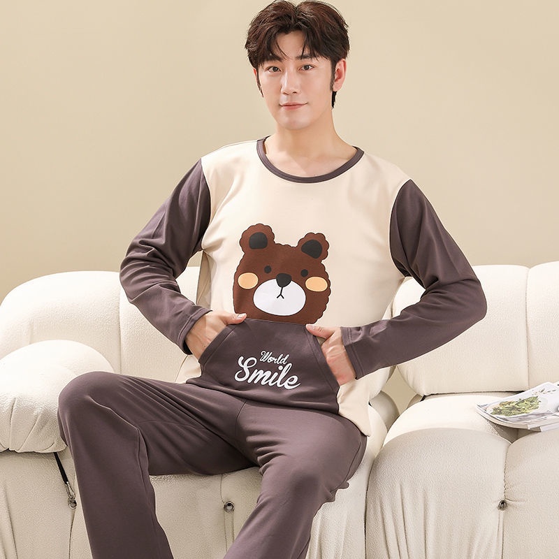 Bộ Đồ Ngủ Tay Dài Chất Liệu Cotton In Họa Tiết Hoạt Hình Dễ Thương Cho Nam