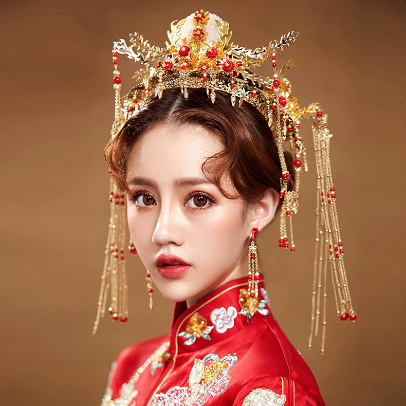 Cài tóc cô dâu Trung Quốc cổ điển họa tiết phượng hoàng đính tua rua 6g34
