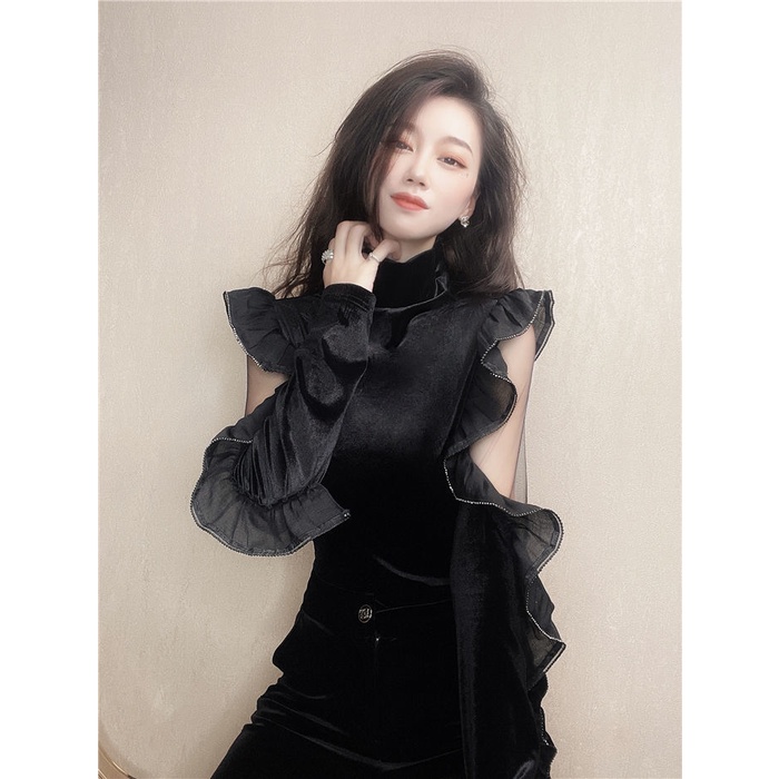 Áo kiểu vải nhung dài tay dáng ôm thiết kế khoét rỗng thời trang mùa thu mới quyến rũ cho nữ