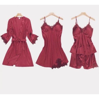 [Sale Sốc] Set đồ ngủ 4 món chất lụa ( Gồm áo hai dây + quần lửng + váy dài + áo choàng)  -Hàng Cao Cấp