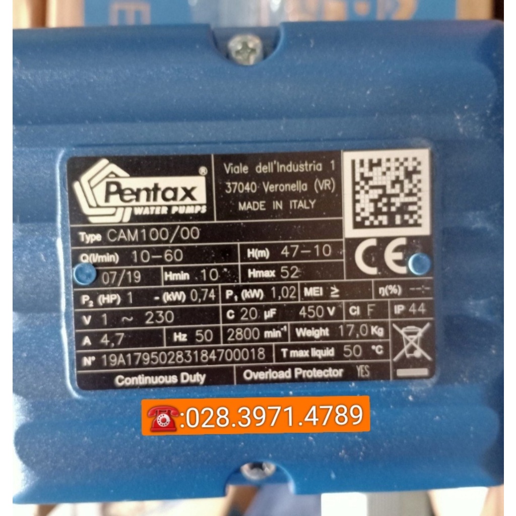 Máy Bơm Ly Tâm Lốc Xoáy Pentax CAM100, Công Suất 0,75KW/1,0HP 1Pha