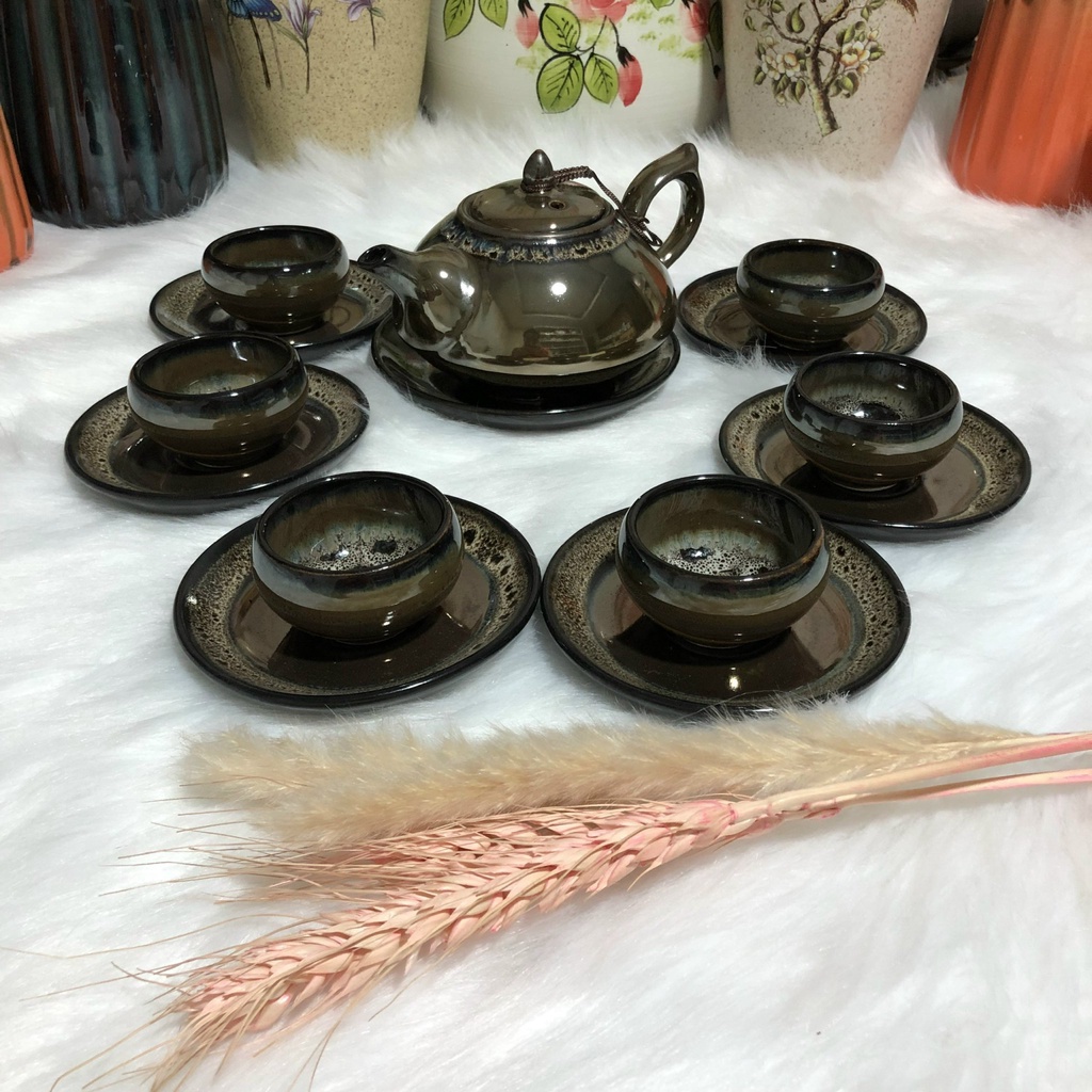 Bộ ấm chén Bát tràng hỏa biến MẦU VÀNG ĐỒNG ẤM THẦN ĐÈN vuốt tay, vẽ thủ công DA BÁO trong lòng gốm cam kết hàng chuẩn