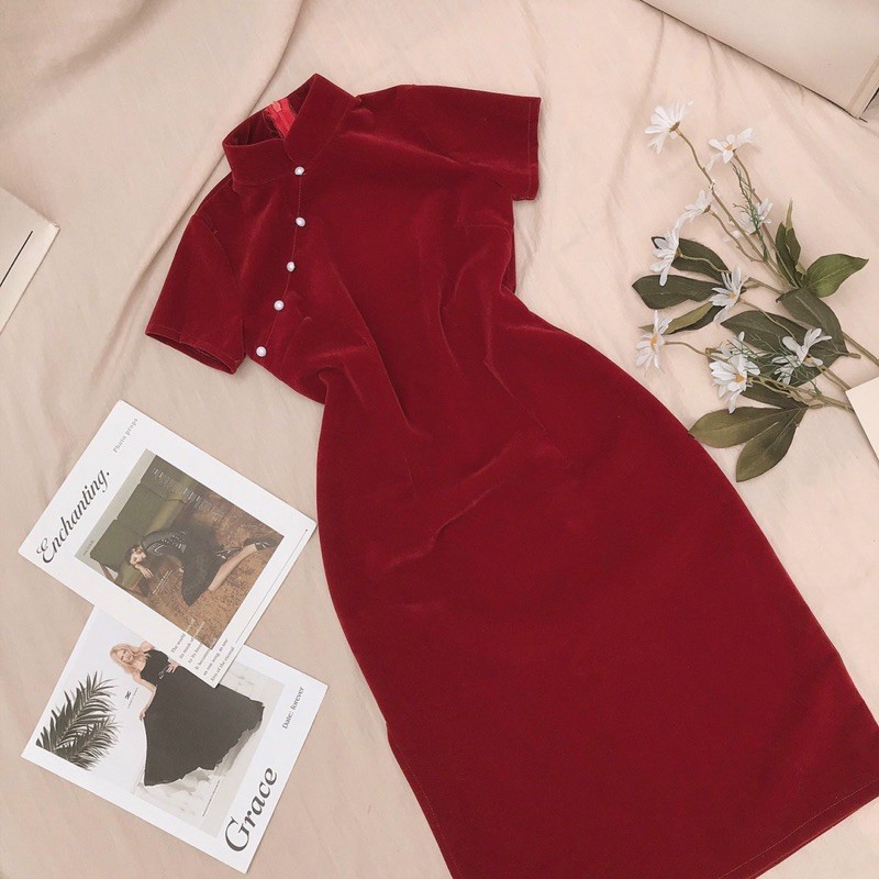 Đầm nữ thiết kế đầm nữ nhung đỏ sườn xám mặc diện tết dự tiệc dạo phố cực xinh | BigBuy360 - bigbuy360.vn