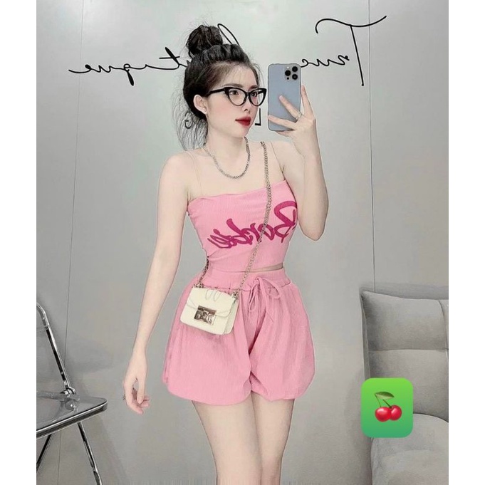 Set bộ mặc nhà 2 dây in chữ Barbie siêu cưng