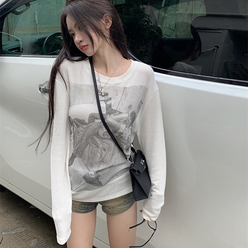 Áo Thun Dệt Kim Tay Dài Dáng Rộng In Họa Tiết Thời Trang Cho Nữ