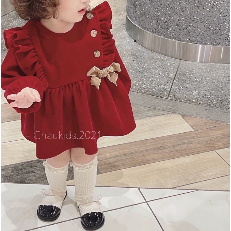 Váy nhung đỏ 3 CÚC mã 53067