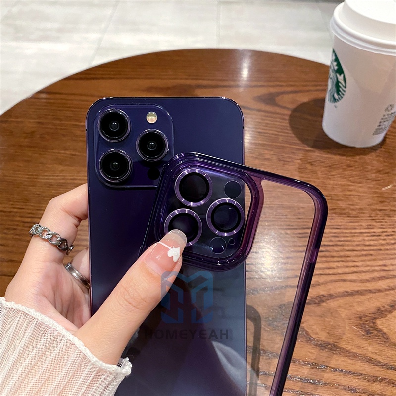 Ốp Điện Thoại Cứng Trong Suốt Màu Tím Đậm Có Miếng Dán Bảo Vệ lens Cho iPhone 14 13 12 Pro Max 14 Plus