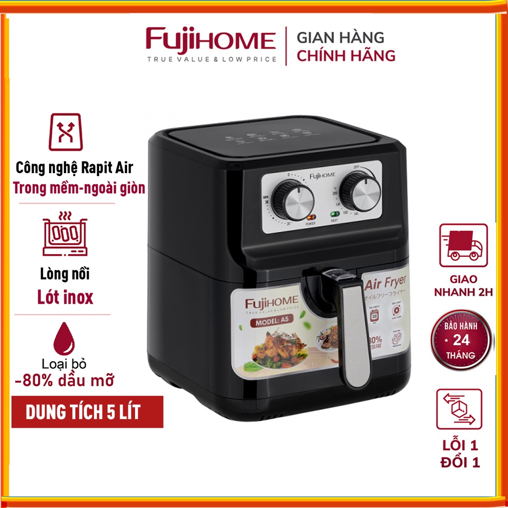 Nồi chiên không dầu 5L nhập khẩu Nhật Bản Fujihome, nồi chiên ko dầu cơ tự ngắt ,có chống dính cao cấp 5 Lít