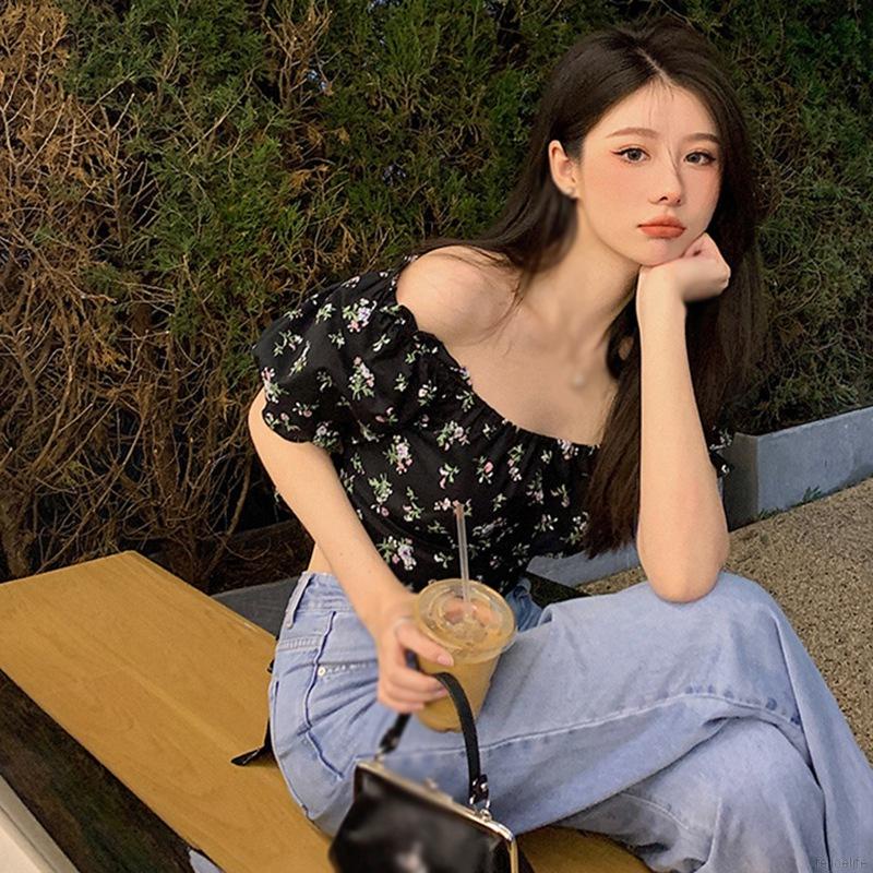 Áo Kiểu Nữ Vải Voan Cổ Vuông In Hoa Xinh Xắn