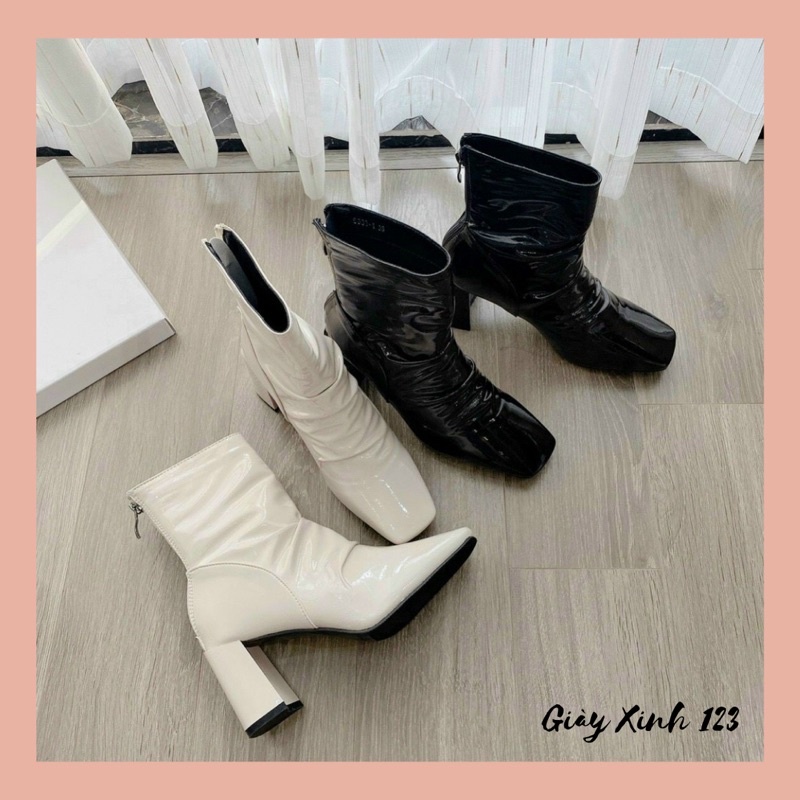 Boot nữ cổ cao da bóng, bốt nữ nhăn mũi vuông gót 7cm