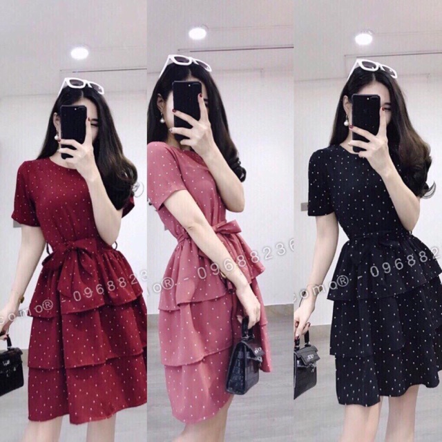 Đầm dự tiệc xếp tầng hoạ tiết chấm bi đỏ hồng đen phong cách vintage
