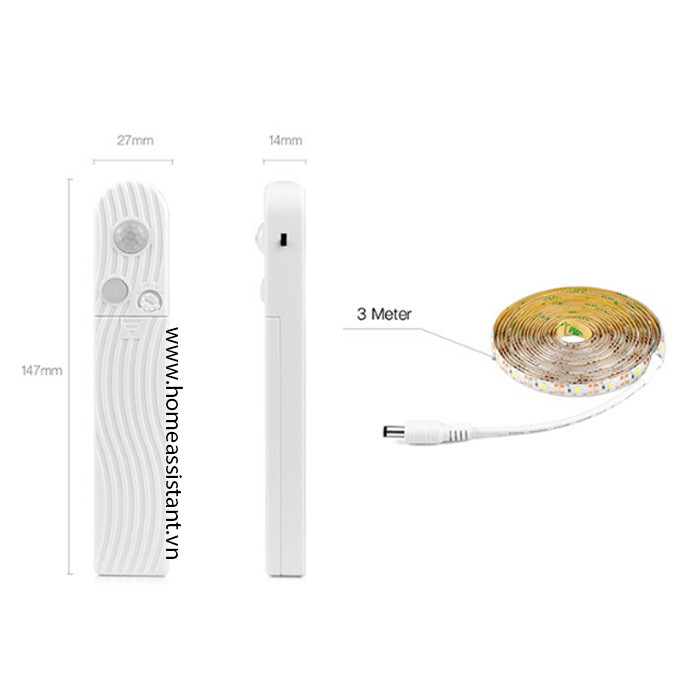 Bộ Đèn Led Dây Dài 3m Dùng Pin Cảm Ứng PIR Tủ Quần Áo DT03