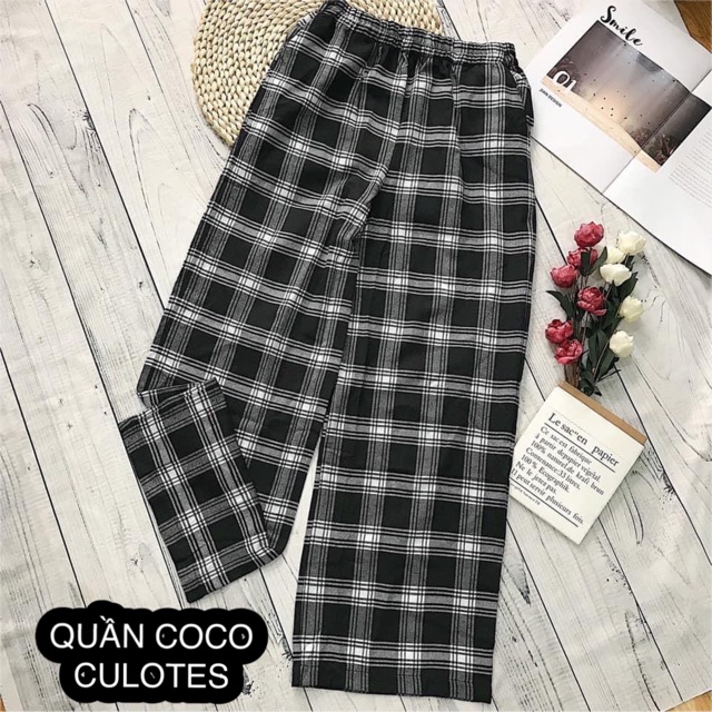 Quần Coco Culotes Pant quần dạ ống suông dễ mix lưng thun co giãn quần dài sọc caro