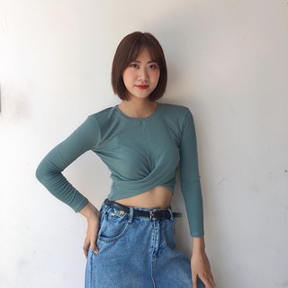 Áo croptop nữ xoắn eo tay dài ôm body thun gân - A48