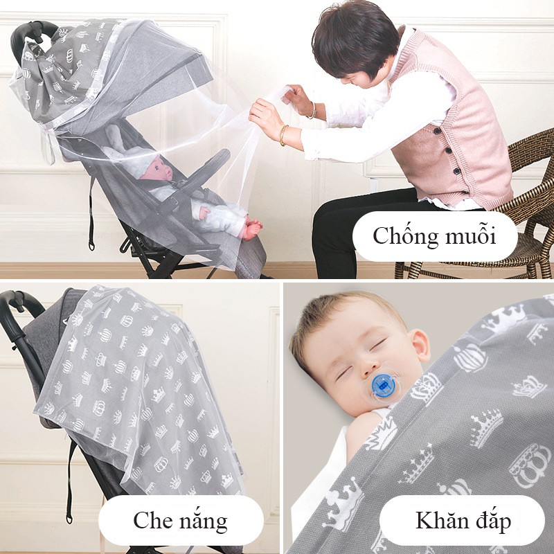 Áo choàng cho bé bú, áo chống nắng cho bé đa năng 2 lớp có thể làm mùng che cho bé chống côn trùng, 100% cotton 4 chiều