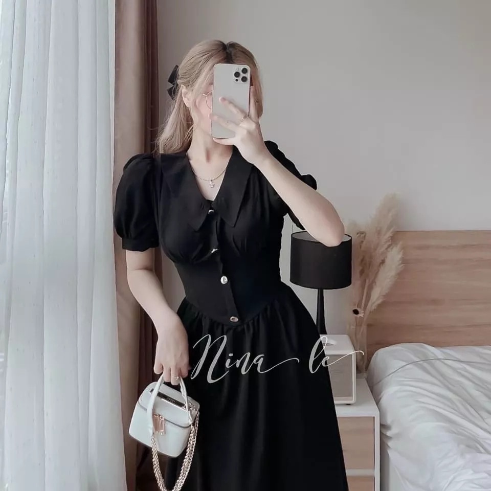 Đầm váy nữ maxi umi cổ nhọn họa tiết ống tay phồng tôn dáng trẻ trung sang trọng thanh lịch siêu xinh